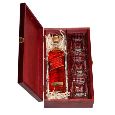 JOHNNIE WALKER RED LABEL 0,7L 40% W SKRZYNCE DREWNIANEJ + 3 SZKLANKI 