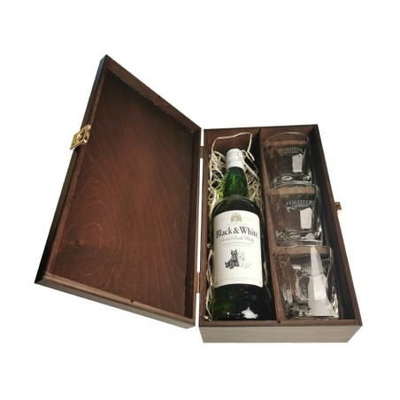 BLACK & WHITE WHISKY 0,7L 40% W SKRZYNCE DREWNIANEJ + 3 SZKLANKI