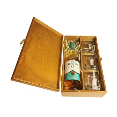 GLENLIVET 12YO WHISKY 0,7 40% W SKRZYNCE DREWNIANEJ + 3 SZKLANKI