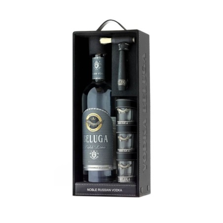 BELUGA GOLD LINE 0,7L 40% W SKÓRZE + MŁOTEK + 3 KIELISZKI