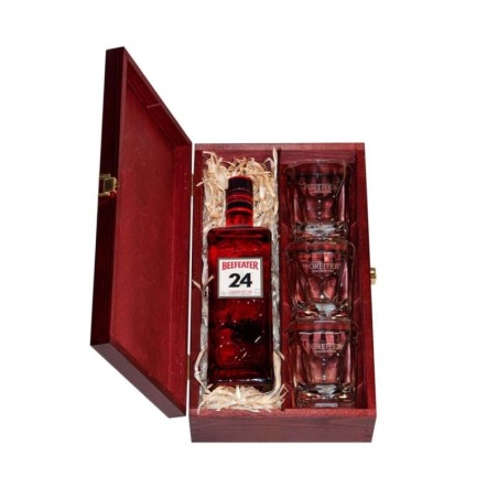 BEEFEATER 24 LONDON DRY GIN 0,7L 45% W SKRZYNCE DREWNIANEJ + 3 SZKLANKI 