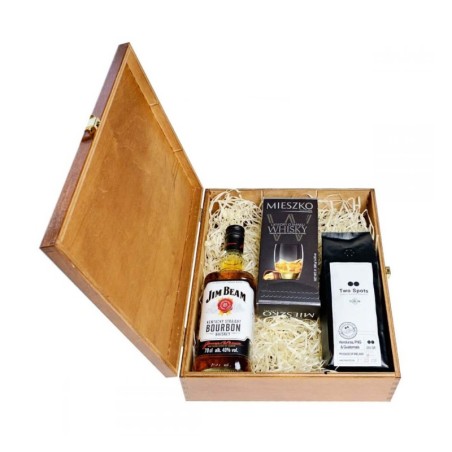 JIM BEAM 4YO BOURBON 0,7L 40%  W SKRZYNCE DREWNIANEJ + KAWA + CZEKOLADKI