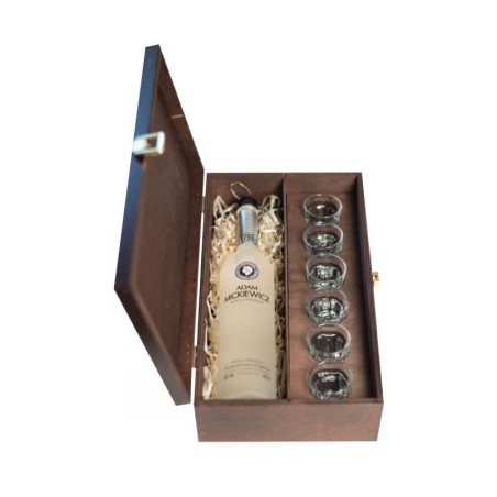 ADAM MICKIEWICZ PREMIUM WÓDKA 0,5L 40% W SKRZYNCE DREWNIANEJ + 6 KIELISZKÓW