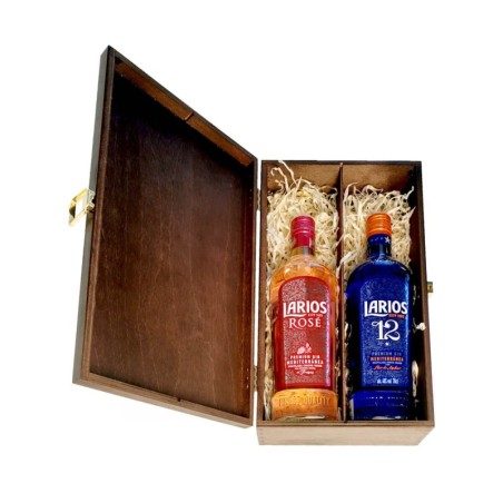 ZESTAW DWÓCH GINÓW LARIOS W SKRZYNCE DREWNIANEJ