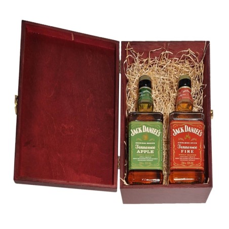 ZESTAW DWÓCH LIKIERÓW JACK DANIEL'S W SKRZYNCE DREWNIANEJ (ZESTAW 1)