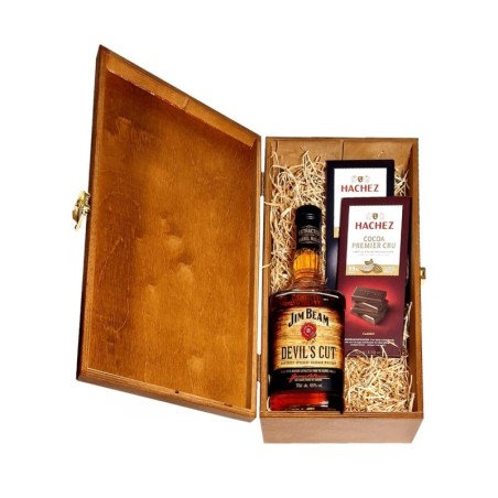 JIM BEAM DEVIL'S CUT BOURBON 0,7L 45% W SKRZYNCE DREWNIANEJ + CZEKOLADY