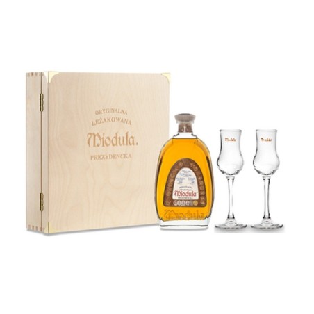 MIODULA PREZYDENCKA WÓDKA 0,5L 40% W DREWNIANEJ SKRZYNCE + 2 KIELISZKI